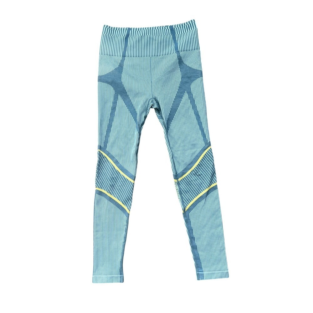Seamless High Waisted Compression Leggings Teal Blue Striped (0905)